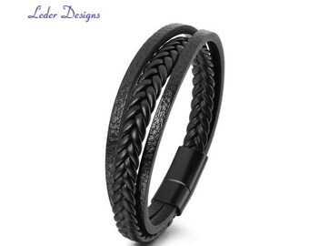 Bracelet en cuir de vachette pour homme de couleur noire avec fermoir magnétique en acier inoxydable, dimensions : 21 x 2,0 cm