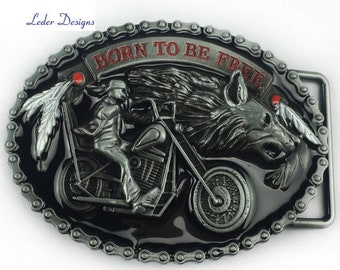 Gürtelschnalle Buckle Gürtelschliesse Koppel für Wechselgürtel Gürtel 4 cm BORN FREE USA Wolf Motorrad Biker Rocker Geschenkidee für Männer