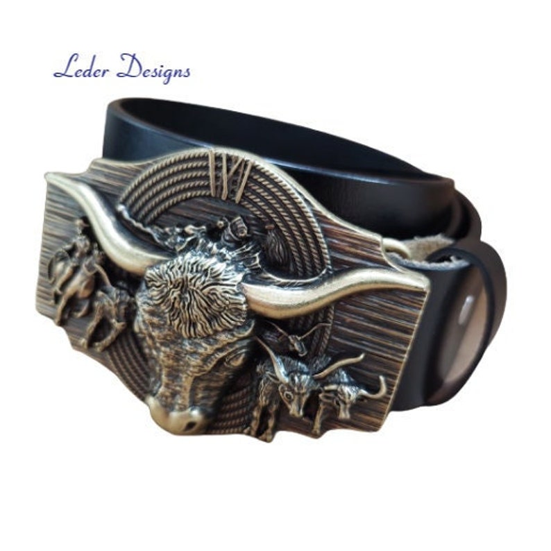 Echt Ledergürtel wechselbarer Gürtelschnalle Buckle Western Longhorn Cowboy Rodeo kürzbarer Echtledergürtel Männer Gürtel Geschenkidee Bild 1