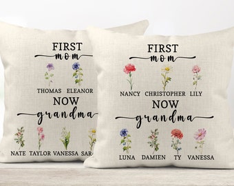 Custom First Mom-Now Grandma Pillow Case, Birth Month Flowers Pillow Cover, Personalized Gifts for Mom, Mom Gifts from Daughter, Mothers Day