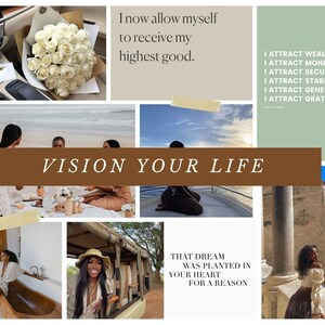 Può includere: Un collage di immagini con uno striscione marrone che recita "VISION YOUR LIFE". Le immagini includono un mazzo di rose bianche, una donna seduta su una barca, una donna seduta in una vasca da bagno, una donna seduta in un veicolo safari, una donna in piedi su un balcone e uno sfondo verde con testo che dice "Attiro ricchezza, attraggo denaro, attraggo sicurezza, attraggo stabilità, attraggo generosità, attraggo gratitudine".