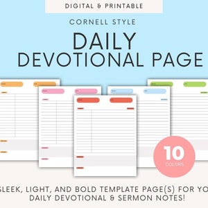 Può includere: Modello di pagina di devozione giornaliera stampabile in stile Cornell. Il modello è disponibile in 10 colori diversi. Il testo sull'immagine recita "Digital & Printable, Cornell Style, Daily Devotional Page, 10 Colors, Sleek, Light, and Bold Template Page(s) for your Daily Devotional & Sermon Notes!"
