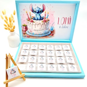 Scatola di cioccolatini personalizzata – Stitch – Regalo di compleanno per bambini – Bomboniere – Barretta di cioccolato – Regalo con nome Buon compleanno