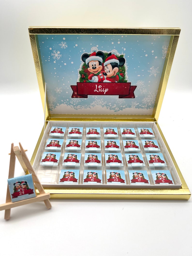 Peut être commandé jusqu'au 24 novembre Calendrier de l'Avent Minnie Mickey boîte de chocolat de Noël chocolat cadeau invité personnalisé sac de fête image 1