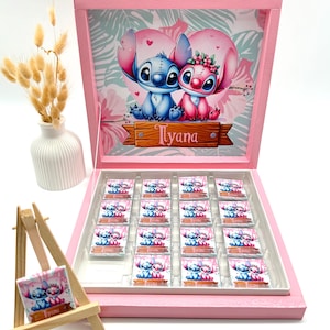 Scatola di cioccolatini personalizzata – Stitch & Angel – Regalo per festa di compleanno per bambini – Bomboniere – Barretta di cioccolato – Regalo con nome