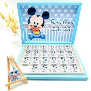 Schokobox personalisiert – Blau Baby Mickey – Gastgeschenk Mitgebsel Geburtstag – Candybar – Hosgeldin Bebek – Geschenk mit Namen