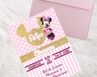 Invitation carte d'invitation Minnie Mouse or rose personnalisé anniversaire enfant