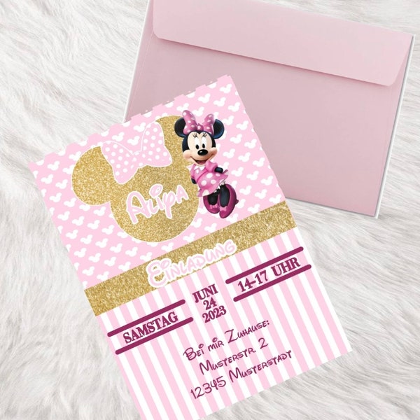 Einladung Einladungskarte Minnie Mouse Rosa gold  Personalisiert Kindergeburtstag