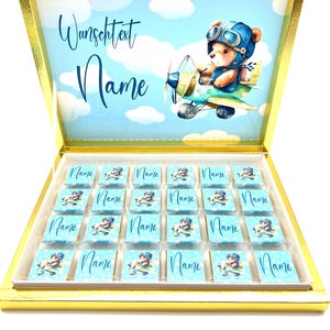 Schokobox personalisiert – Teddybär im Flugzeug – Kindergeburtstag – Gastgeschenk – Mitgebsel – Candybar – Geschenk mit Namen