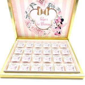 Chocolate box personalized pink gold Minnie guest gift party favor children&#39;s birthday candy bar