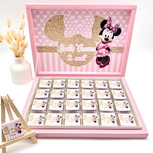 Gepersonaliseerde chocoladedoos – Minnie Mouse Roze Goud – Kinderfeestjes, doop, bruiloft – bedankjes met naam
