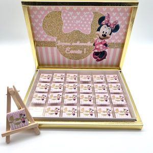 Chocolate box personalized pink gold Minnie guest gift children's birthday wedding baptism