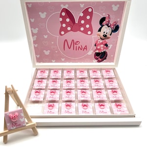 Schokobox Schokolade personalisiert rosa Minnie Gastgeschenk Mitgebsel Kindergeburtstag Candybar