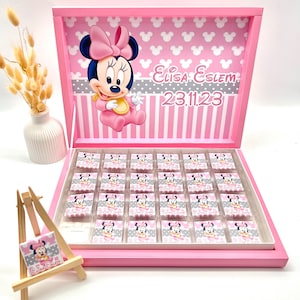 Scatola di cioccolatini rosa personalizzata Baby Minnie, regalo per gli ospiti, bomboniera per la festa di compleanno dei bambini.