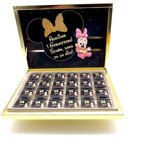 Chocolade doos gepersonaliseerd zwart goud Minnie gast cadeau feest gunst kinder verjaardag snoep reep