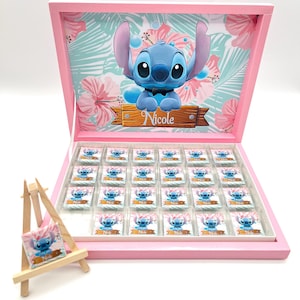 Scatola di cioccolatini personalizzata – Stitch & Angel – Regalo per festa di compleanno per bambini – Bomboniere – Barretta di cioccolato – Regalo con nome