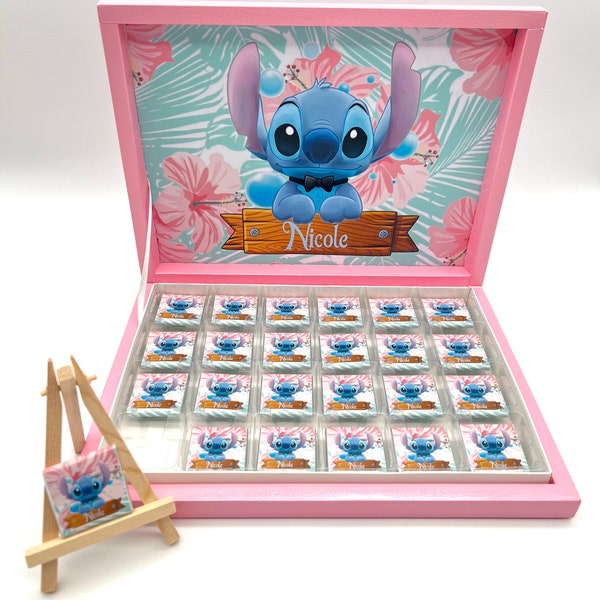 Schokobox personalisiert Stitch Angel Gastgeschenk Mitgebsel Kindergeburtstag Candybar