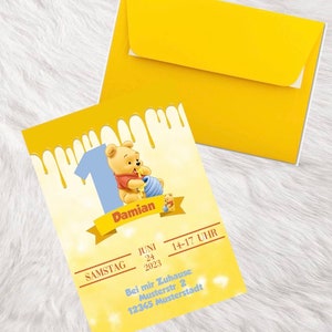 Einladung Einladungskarte Winnie Pooh Honig erster Geburtstag 1. Geburtstag Personalisiert Kindergeburtstag