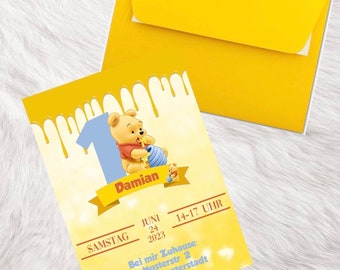 Invitation carte d'invitation Winnie l'ourson miel premier anniversaire 1er anniversaire personnalisé anniversaire des enfants