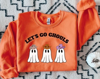 Let&#39;s Go Ghouls Heavy Blend Crewneck Sweatshirt, Halloween Sweatshirt Bachelorette Ghost Sweatshirt Cute Halloween Cowboyhat Ghosts