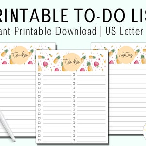 May include: Printable to-do list with a pineapple and strawberry design. The list includes two to-do sections and a notes section. The text "to do" and "notes" are written in a handwritten font.