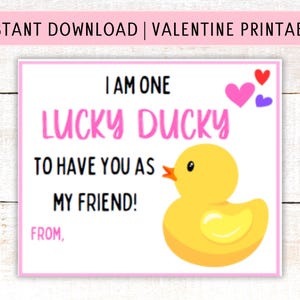 Pato Valentine Printable | Cartões escolares de Dia dos Namorados para crianças | Download instantâneo | Amigo Patinho da Sorte | Rosa