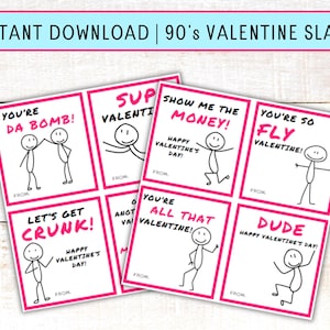 Gíria de Dia dos Namorados dos anos 90 para imprimir | Cartões escolares de Dia dos Namorados para adultos | Download instantâneo | Millennial