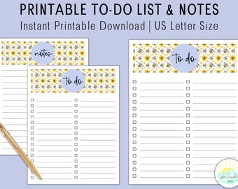 Cute To Do Lists and Notes | Sunflowers and Bees Print | Digital Download PDF | Printable