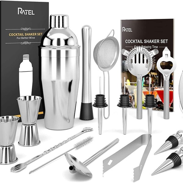 17 Pcs Cocktail Making Set, Stainless Steel Cocktail shakers Set Professional Bar Party Tool Cocktail Mixing Kit Including 750ml Co