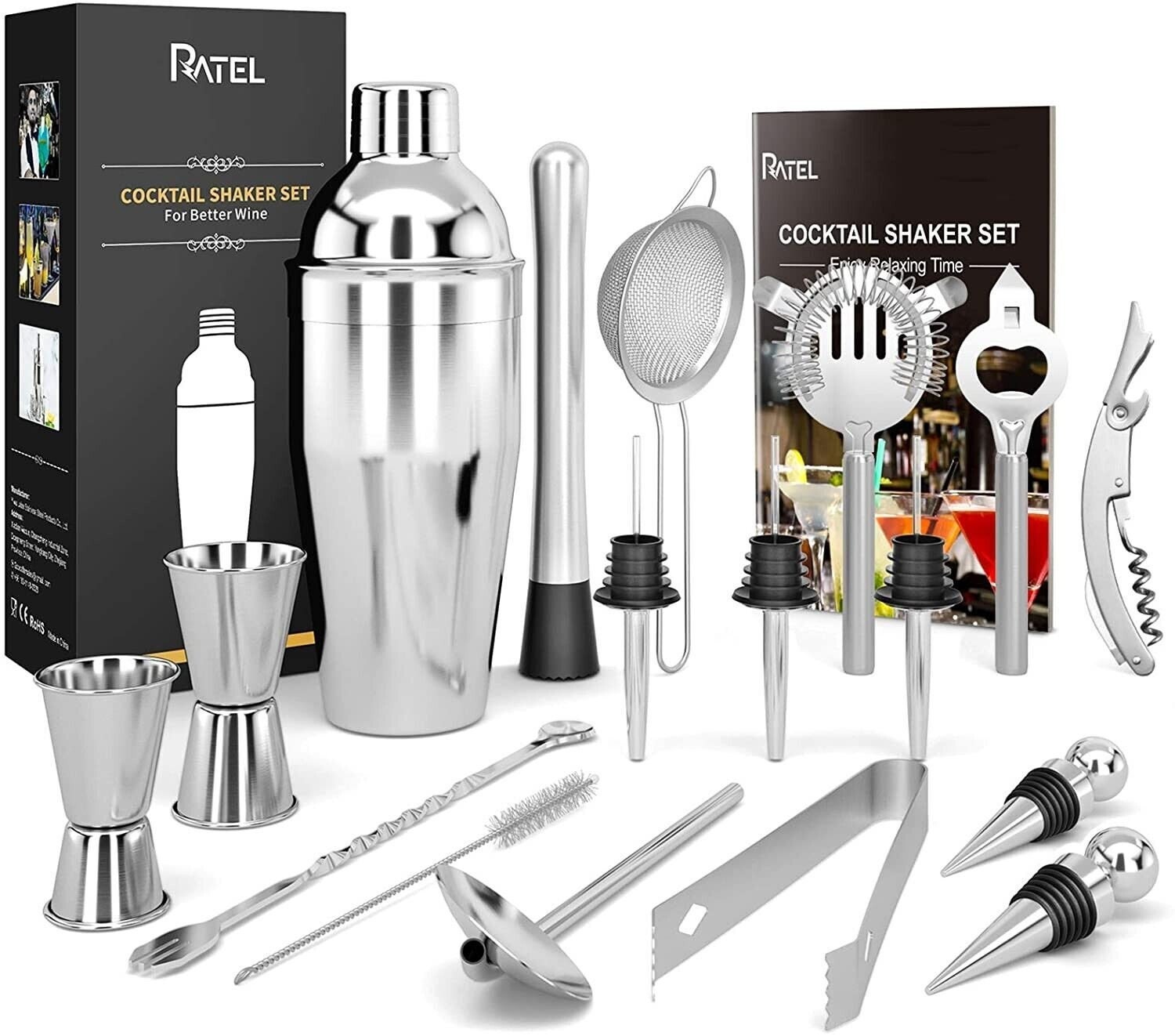 Stainless Steel cocktail shaker set cocktail accessories Wooden case barman  accessories mixer jigger Pourer 10PC/Set bar tools