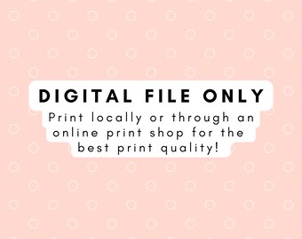 Può includere: Uno sfondo rosa con pois bianchi e una scatola bianca con testo nero che dice "FILE DIGITALE SOLO Stampa localmente o tramite un negozio di stampa online per la migliore qualità di stampa!"