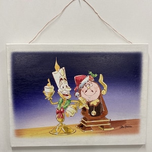 Lumiere et Cogsworth Christmas Whitewashed Wood Art
