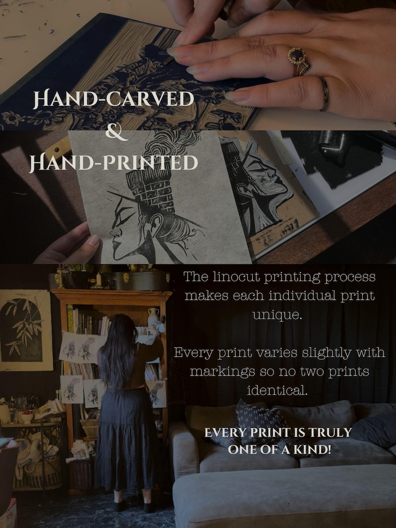 K&ouml;nnte beinhalten: Eine Nahaufnahme eines handgeschnitzten und handgedruckten Linolschnitts. Der Druck zeigt eine Schwarzwei&szlig;illustration einer Person mit einer Krone und einem aufwendigen Kopfschmuck. Der Text "HAND-CARVED & HAND-PRINTED" ist oben im Bild sichtbar. Der Text "The linocut printing process makes each individual print unique. Every print varies slightly with markings so no two prints identical. EVERY PRINT IS TRULY ONE OF A KIND!" ist unten im Bild sichtbar.