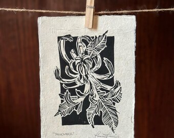 November Birthflower Chrysanthemum linocut print 5x7 handmade linoleum block print  art