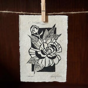 Peony flower linocut print 5x7 handmade linoleum block print floral  art