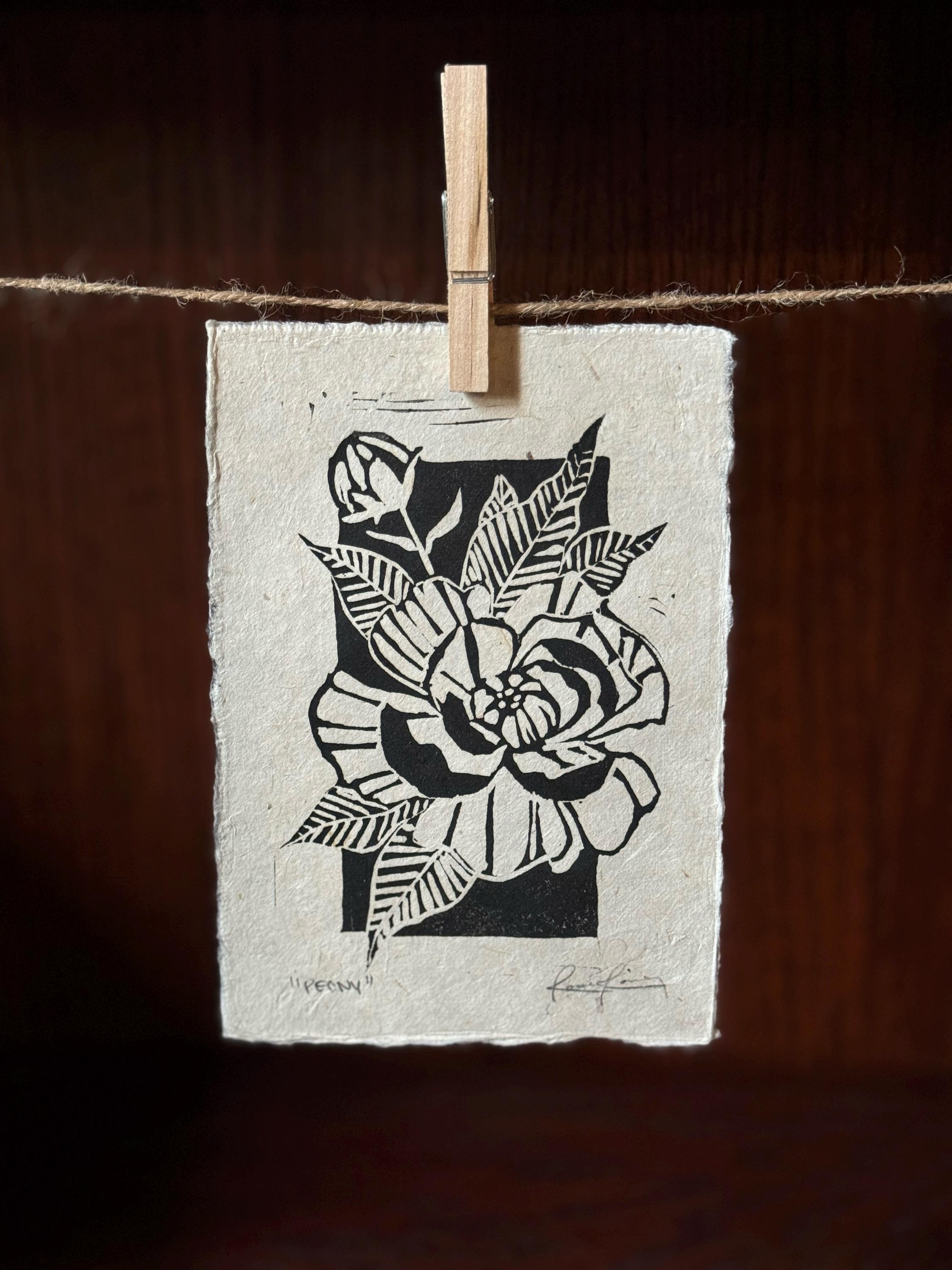 Peony flower linocut print 5x7 handmade linoleum block print floral  art
