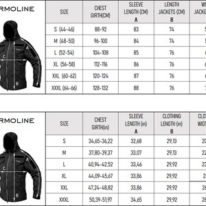 May include: Black jacket with a hood, displayed with a size chart. The chart includes measurements for chest girth, sleeve length, clothing length, and width in inches. Sizes range from S to XXXL.