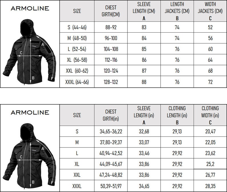 May include: Black jacket with a hood, displayed with a size chart. The chart includes measurements for chest girth, sleeve length, clothing length, and width in inches. Sizes range from S to XXXL.