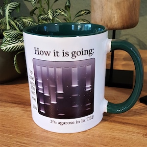 Peut inclure: Une tasse en céramique blanche avec un bord et une poignée verts. La tasse présente une image en noir et blanc d'une expérience d'électrophorèse sur gel avec le texte "How it is going:" et "2% agarose in 1x TBE".
