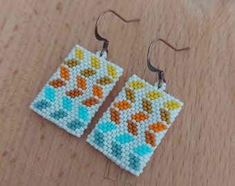 Geometric rainbow - modern beaded earrings in colors turquoise, orange, mustard, yellow. Bright, colourful, summery jewelry. Gift for her.