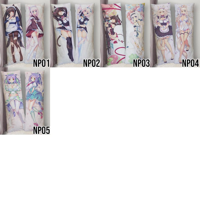 May include: A collection of long, rectangular body pillows featuring anime-style illustrations of female characters. Each pillow has a unique design with vibrant colors and detailed artwork. The pillows are labeled with the codes NP01, NP02, NP03, NP04, and NP05.