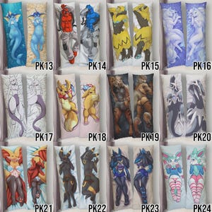 May include: A collection of body pillow covers featuring various anime-style character designs. The covers showcase a range of characters in dynamic poses, with vibrant colors and detailed artwork. Each cover is labeled with a "PK" followed by a number.