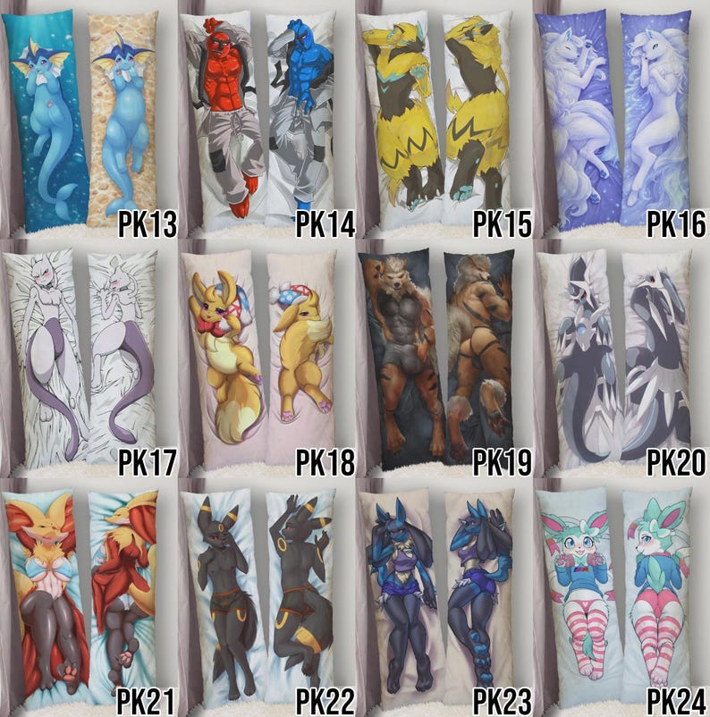 May include: A collection of body pillow covers featuring various anime-style character designs. The covers showcase a range of characters in dynamic poses, with vibrant colors and detailed artwork. Each cover is labeled with a "PK" followed by a number.