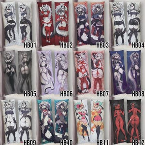 May include: A collection of body pillows featuring various anime-style character designs. The pillows showcase full-body illustrations of anthropomorphic characters in diverse outfits and poses. Each pillow is labeled with a unique "HB" code.