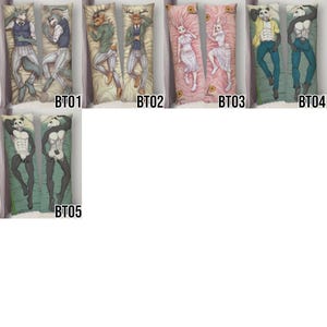 May include: A collection of body pillow covers featuring anime-style character illustrations. The covers showcase various anthropomorphic animal characters in different poses and outfits. Each cover is rectangular and has a unique design with vibrant colors.