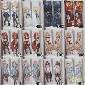May include: A collection of body pillows featuring various anime-style characters. The pillows showcase a range of designs, including anthropomorphic animals, fantasy creatures, and human figures. Each pillow has a unique character design with vibrant colors and detailed artwork.
