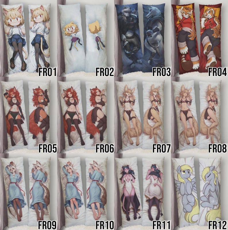 May include: A collection of body pillows featuring various anime-style characters. The pillows showcase a range of designs, including anthropomorphic animals, fantasy creatures, and human figures. Each pillow has a unique character design with vibrant colors and detailed artwork.