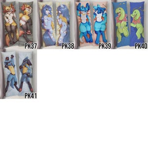 May include: A collection of body pillow covers featuring various anthropomorphic characters. The covers display colorful illustrations of creatures with animalistic features, in a variety of poses. Each cover is labeled with a "PK" followed by a number.