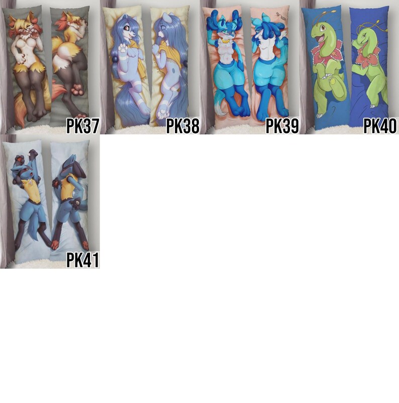 May include: A collection of body pillow covers featuring various anthropomorphic characters. The covers display colorful illustrations of creatures with animalistic features, in a variety of poses. Each cover is labeled with a "PK" followed by a number.