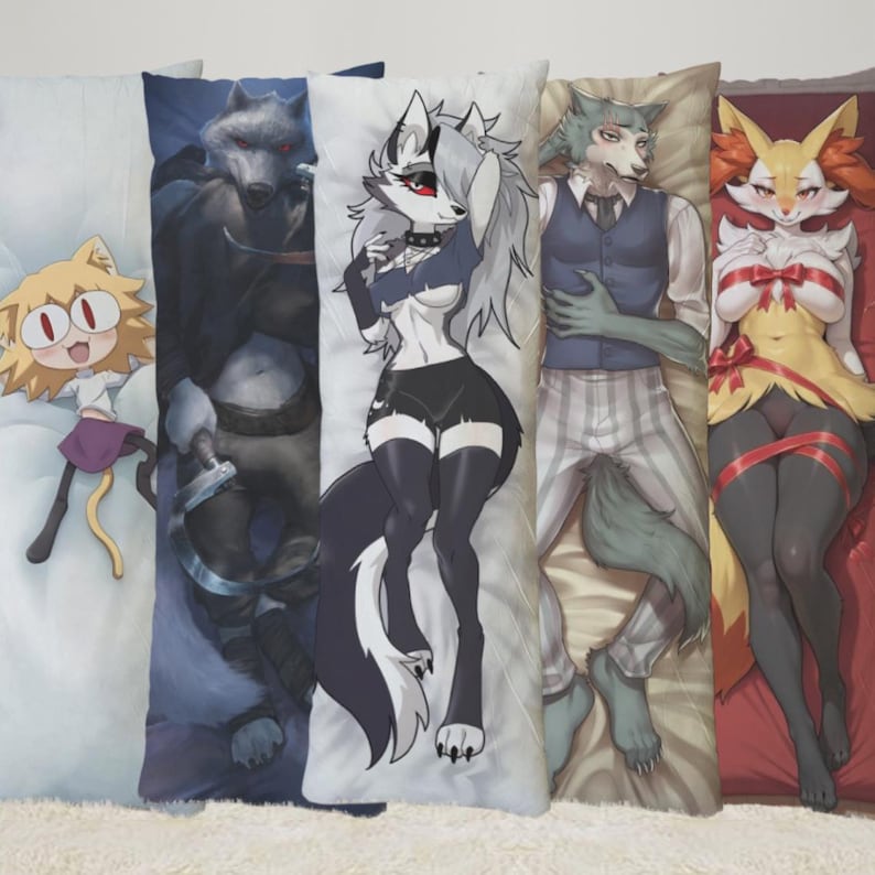 May include: A collection of body pillows featuring various anime-style characters. The pillows showcase full-body illustrations of anthropomorphic figures, including a wolf, a fox, and a cat. Each pillow has a unique design with vibrant colors and detailed artwork.